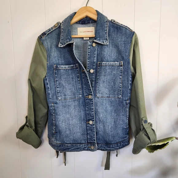 Anthropologie Pilcro & The Letterpress Denim Jacket Green Sleeves Military Boho - Picture 3 of 12